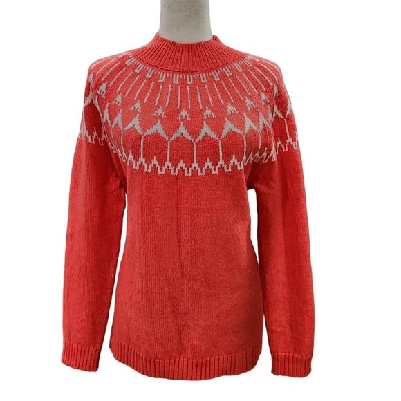 Talbots‎ Petite Womens Wool Blend Coral Sweater Fair Isle Mock Neck Size Lp - Picture 1 of 10